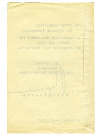 Anerkennungsurkunde 1941, Original Unterschrift Kreisleiter Emscher Lippe