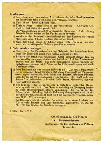 Merkblatt für die Handhabung der Panzerfaust 1943