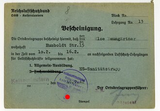 Reichsluftschutzbund Bescheinigung zur Sanitätstrupp Ausbildung, 1942
