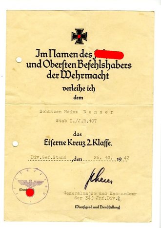 2  Verleihungsurkunden eines Angehörigen der 34. Inf. Div. , Original Unterschrift Generalmajor "Scherer" ( Cholm )