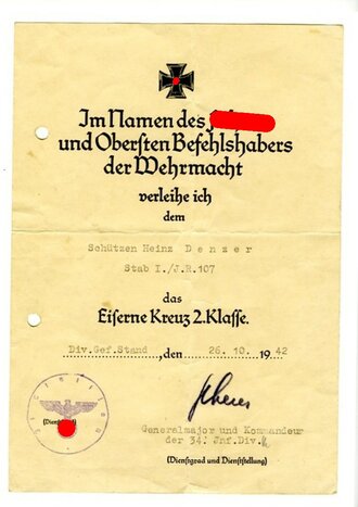 2  Verleihungsurkunden eines Angehörigen der 34. Inf. Div. , Original Unterschrift Generalmajor "Scherer" ( Cholm )