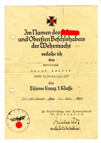 2  Verleihungsurkunden eines Angehörigen der 34. Inf. Div. , Original Unterschrift Generalmajor "Scherer" ( Cholm )