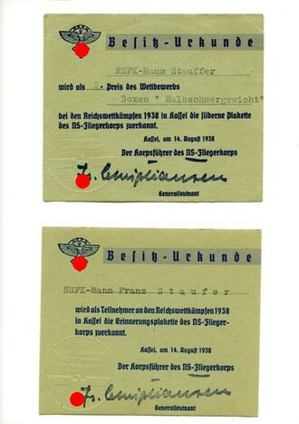 NSFK, 2 Besitzurkunden der Reichswettkämpfe 1938