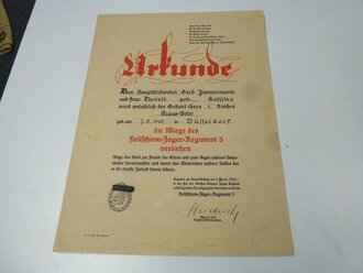 Fallschirmjäger, Großformatige Urkunde für "die Wiege des Fallschirmjäger Regiment 3". Extrem seltenes Stück