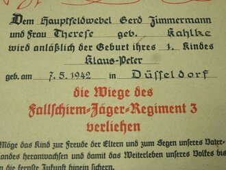 Fallschirmjäger, Großformatige Urkunde für "die Wiege des Fallschirmjäger Regiment 3". Extrem seltenes Stück