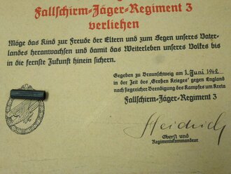 Fallschirmjäger, Großformatige Urkunde für "die Wiege des Fallschirmjäger Regiment 3". Extrem seltenes Stück