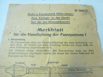 Merkblatt für die Handhabung der Faustpatrone 1 ( Gretchen ). DIN A5, selten