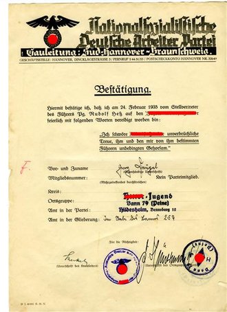 Vereidigungsurkunde für einen Angehörigen des  HJ Bann 79 ( Peine ) , Din A4