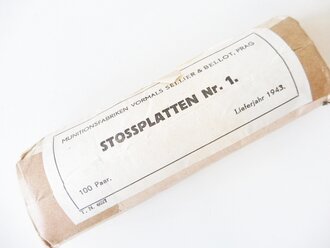 100 Paar Stossplatten für Stiefel und Halbschuhe, Lieferjahr 1943. Originalverpackt, ca 4 cm breit