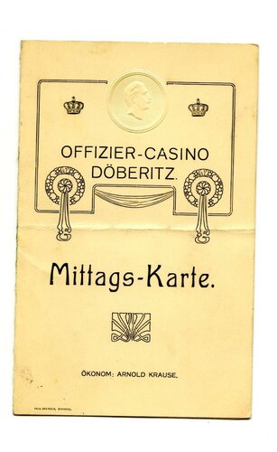 1. Weltkrieg, Offiziers Casino Döberitz, Mittagskarte, beschrieben, datiert 1912