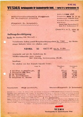 Gasschutz,  Auftragsbestätigung VESMA Verteilungsstelle für Gasabwehrgeräte GmbH., datiert 1945