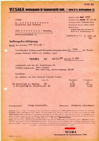 Gasschutz, Auftragsbestätigung VESMA Verteilungsstelle für Gasabwehrgeräte GmbH., datiert 1945