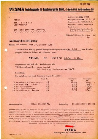 Gasschutz, Auftragsbestätigung VESMA Verteilungsstelle für Gasabwehrgeräte GmbH., datiert 1945