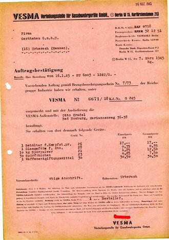 Gasschutz, Auftragsbestätigung VESMA Verteilungsstelle für Gasabwehrgeräte GmbH., datiert 1945