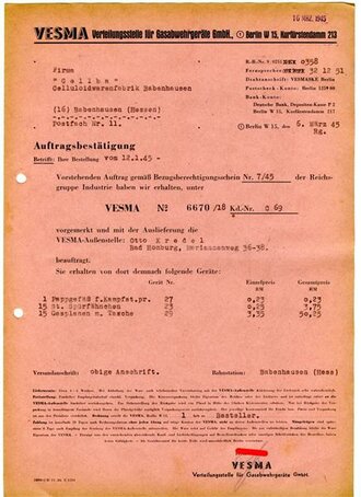 Gasschutz,  Auftragsbestätigung VESMA Verteilungsstelle für Gasabwehrgeräte GmbH., datiert 1945