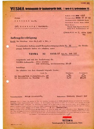 Gasschutz, Auftragsbestätigung VESMA Verteilungsstelle für Gasabwehrgeräte GmbH., datiert 1945