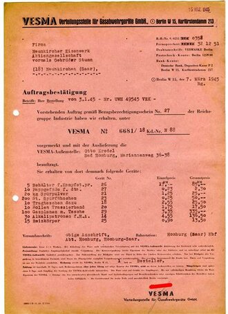 Gasschutz, Auftragsbestätigung VESMA Verteilungsstelle für Gasabwehrgeräte GmbH., datiert 1945