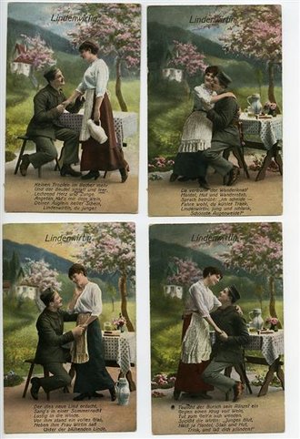1. Weltkrieg, 4 patriotische Ansichtskarten "Lindenwirtin", datiert 1917