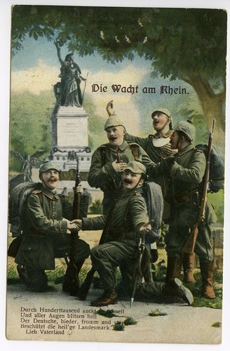 1. Weltkrieg, 3 patriotische Ansichtskarten "Die Wacht am Rhein", datiert 1915, garantiert Original