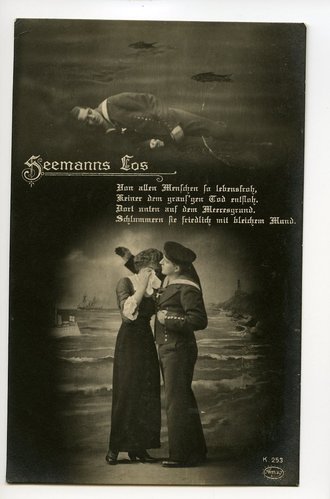 1. Weltkrieg, 5 patriotische Ansichtskarten "Seemanns Los", datiert 1915