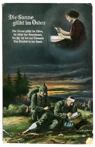 1. Weltkrieg, 2 patriotische Ansichtskarten "Die Sonne glüht im Osten", datiert 1915