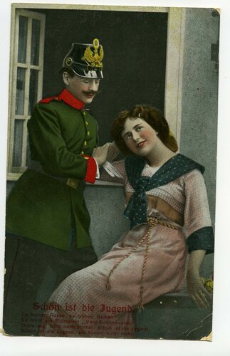 1. Weltkrieg, 5 patriotische Ansichtskarten "Schön ist die Jugend", datiert 1915