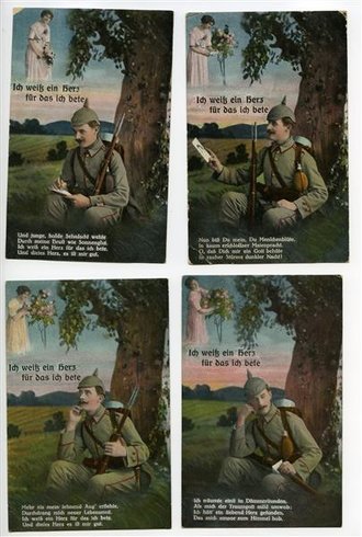 1. Weltkrieg, 5 patriotische Ansichtskarten "Ich...