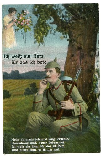 1. Weltkrieg, 5 patriotische Ansichtskarten "Ich weiß ein Herz für das ich bete", datiert 1916