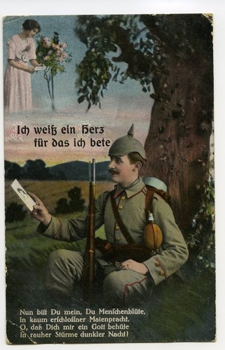 1. Weltkrieg, 5 patriotische Ansichtskarten "Ich weiß ein Herz für das ich bete", datiert 1916