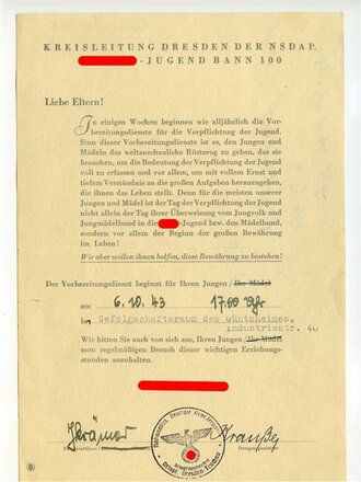 HJ Verkündung Vorbereitungsdienst Kreisleitung Dresden, Bann 100, datiert 1943