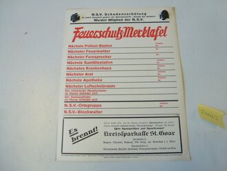 Feuerschutz Merktafel aus dünnem Karton, Maße 25 x 32 cm, Neuwertiger Zustand aus altem Lagerbestand