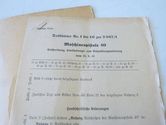 D 167/1 Maschinenpistole 40, Beschreibung, Handhabungs - und Behandlungsanleitung datiert 1942, komplett mit beilagen vom Januar 1944 bzgl. Winterabzug