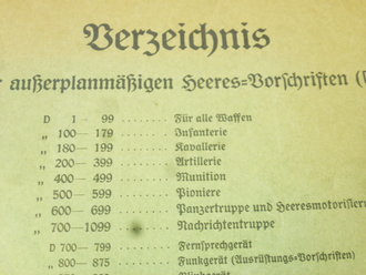 D1, Verzeichnis der außerplanmäßigen Heeres-Vorschriften, 243 Seiten, datiert 1938