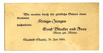 1.Weltkrieg, Geburtskarte eines Kriegs-Jungen datiert 1916