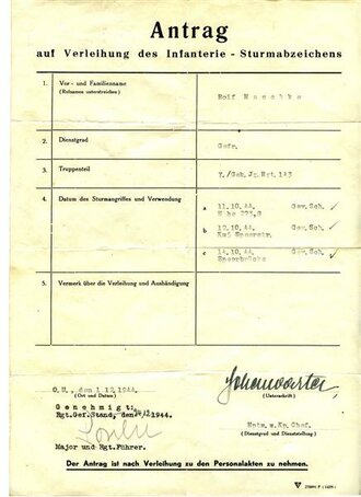 Antrag auf Verleihung des Infanterie Sturmabzeichens eines Angehörigen Geb. Jg. Rgt 143, datiert 1944