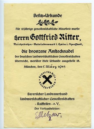 Besitzurkunde der bronzenen Anstecknadel der deutschen landwirtschaftlichen Genossenschaften, datiert 1943