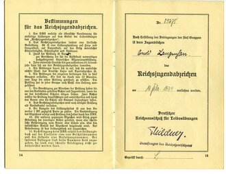 Deutsches Radsport-Jugend-Abzeichen in Bronze Urkundenheft sowie  Leistungsbuch durchs Leben, datiert 1933/34