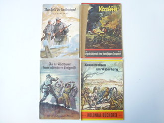 4 Hefte: Kriegsbücherei der Deutschen Jugend Heft 55 "Verdun", Kolonial-Bücherei Heft 66 "Kesseltreiben am Watterberg", Heft "An der Westfront keine besonderen Ereignisse" und Heft "Das sind die Kaiserjäger!"