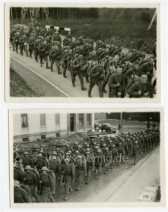 Schweiz 2. Weltkrieg, Schweizer Truppen in voller Ausrüstung, 2 Fotos im Postkartenformat