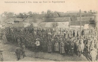 Fotopostkarte "Volkstümliches Konzert 3km hinter der Front im Argonnerwald", datiert 1915