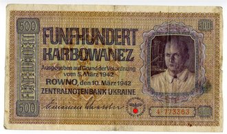 Deutsches Reich Banknote, 500 Karbowanez, Zentralnotenbank Ukraine, datiert 1942