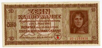 Deutsches Reich Banknote, 10 Karbowanez, Zentralnotenbank Ukraine, datiert 1942