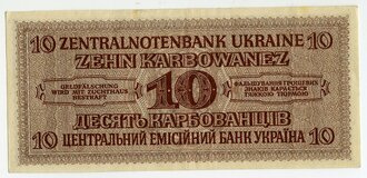 Deutsches Reich Banknote, 10 Karbowanez, Zentralnotenbank Ukraine, datiert 1942