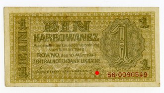 Deutsches Reich Banknote , 1 Karbowanez, Zentralnotenbank Ukraine, datiert 1942