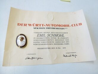 Württ. Automobil Club, Verleihungsurkunde und Emaill. Abzeichen zur 10 jährigen Dienstzeit