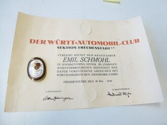 Württ. Automobil Club, Verleihungsurkunde und...