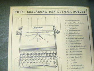 Dienstschreibmaschine Olympia im Transportkasten. Die Maschine funktioniert einwandfrei, alle Tasten vorhanden. Der Transportkasten im Originallack, leider mit neuzeitlichem Divisionsabzeichen versehen, disees sicherlich leicht zu entfernen