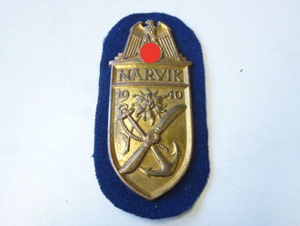 Ärmelschild Narvik auf Kriegsmarinetuch, vergoldete Cupalfertigung