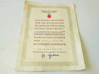 Spendenurkunde für " Das Wunschkonzert für die Wehrmacht" DIN A4
