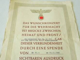 Spendenurkunde für " Das Wunschkonzert für die Wehrmacht" DIN A4